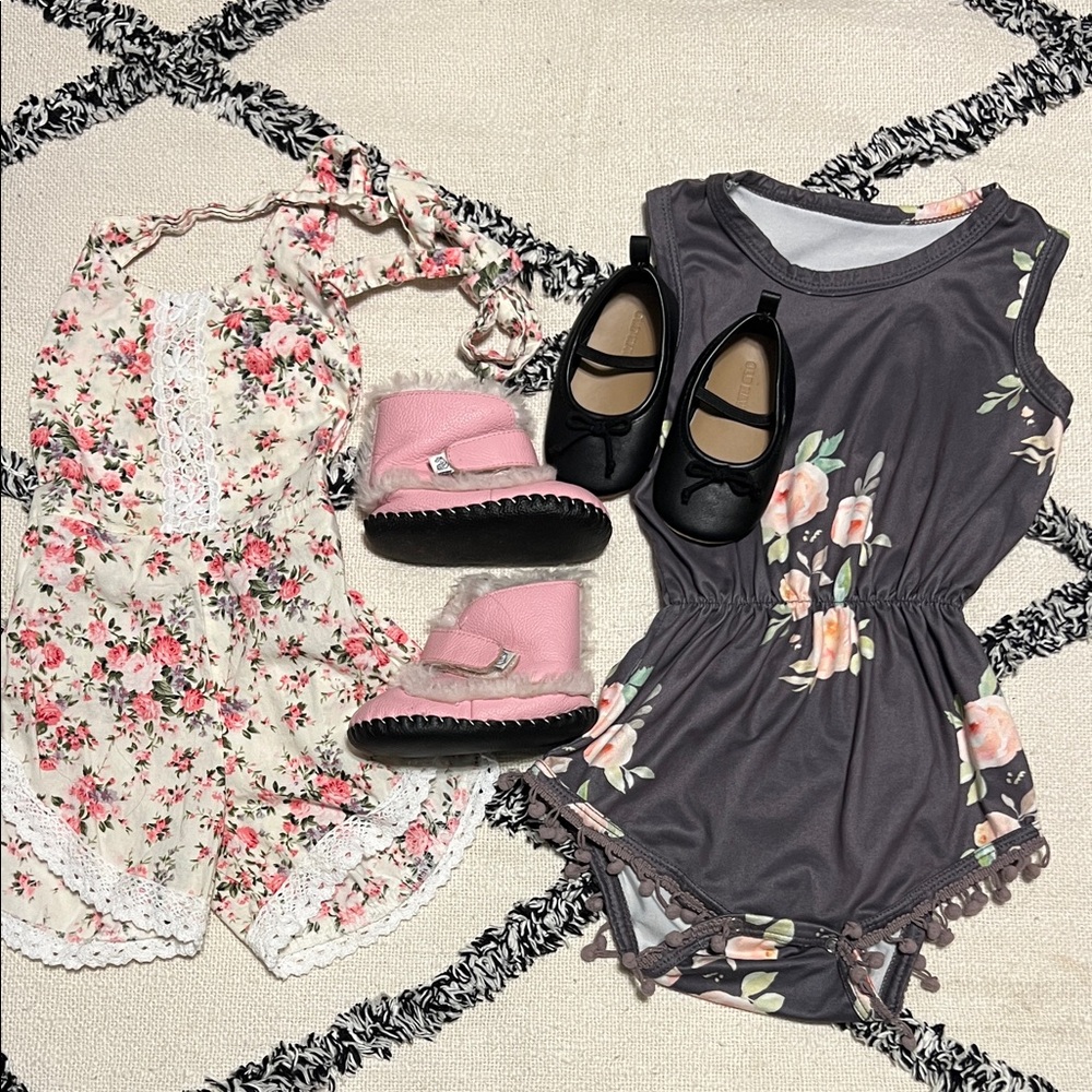 12-18M shoes and boots Size L Floral Print Gray Romper & 1-2T Cream Romper